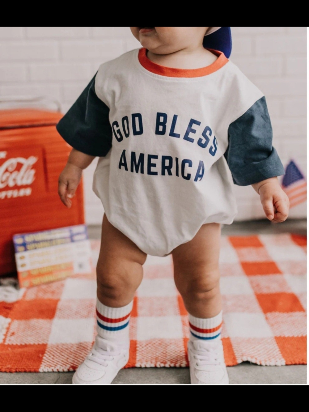 God Bless America Ringer Baby Onesie - White with Navy & Red